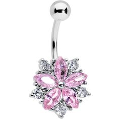 Pink Clear CZ Gem Baroque Floral Burst Belly Ring Your belly piercing will be bursting with style when you're rocking this 14 gauge navel ring! It's made with a 3/8" durable 316L surgical grade stainless steel curved barbell with a 5mm top ball end. The bottom end features a floral charm, composed of a pink cubic zirconia gem flower. The large petals are in full bloom and the flower is further embellished with smaller, clear cubic zirconia gems along the edge. Burst into style with this fabulous Cute Belly Rings, Baroque Floral, Belly Piercing Jewelry, Jewelry Promotion, Jewelry Piercing, Navel Jewelry, Dangle Belly Rings, Cute Piercings, Navel Ring