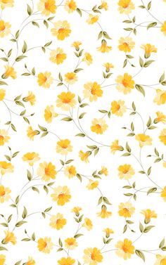 yellow flowers on a white background with green leaves and stems in the center, seamlessly