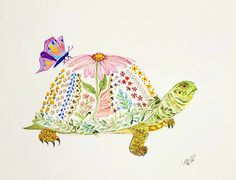 a drawing of a turtle with a butterfly on its back and flowers in the background