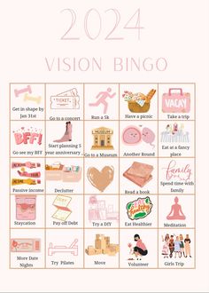 a pink and white poster with the words vision bingo written in different languages on it