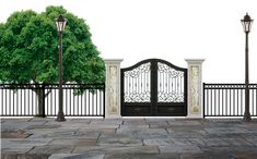 an iron gate with a tree in the middle and two lamps on either side, against a white background