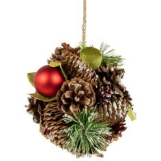 This unique ball ornament will add a touch of nature to your trees with pine needles and pinecones. The red berries and shiny red ornaments provide a pop of color. It will be will be your favorite ornament for many years to come. Product Features: Hanging pinecone Christmas ornament Designed with pine needles and leaves Accented with red berries and shiny red ornaments Embellished with a light dusting of frost Fully dimensional ornament For indoor use only Comes ready-to-hang on jute rope Dimens Pinecone Christmas, Modern Christmas Ornaments, Pine Cone Crafts, Red Ornaments, Holly Leaf, Christmas Decorations Ornaments, Christmas Ball, Pine Needles, Ornaments Design