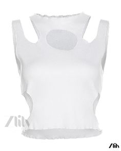 Zlily - Sleeveless Fashionable Round-Neck Crop Top with Slim Fit and Single Color Design Sleeveless Cutout Crop Top For Summer, Chic Sleeveless Crop Top With Cutout, Chic Sleeveless Cutout Crop Top, Spring Sleeveless Tank Top With Cutout, Spring Sleeveless Cutout Tank Top, Trendy Spring Cutout Tank Top, Spring Cutout Tank Top, Trendy White Cutout Tops, Spring Sleeveless Crop Top With Cutout