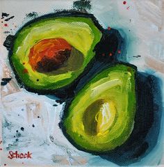 an acrylic painting of two avocado halves