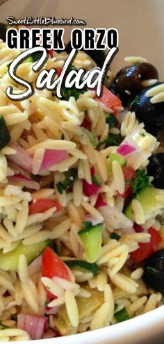 This image shows Greek Orzo Salad in a white serving bowl. Greek Salad With Orzo, Greek Artichoke Recipes, Artichoke Salad Recipes Simple, Easy Greek Pasta Salad Recipe, Orzo Greek Pasta Salad, Orzo Pasta Salad Recipes Cold, Greek Orzo Salad Recipes, Cucumber Pasta Salad Recipes, Orzo Side Recipes