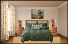 there is a bed with green comforter and pillows in the room next to two lamps