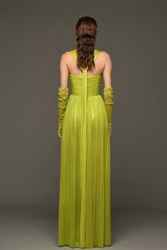 Description Lime A-line, Long dress Sleeveless Open neckline Silk Dry Clean Made in Lebanon 600- 4-15 Willow Herb, Sheer Gloves, Green Drapes, Draped Skirt, Draped Dress, Green Silk, Halter Neckline, Dress Sleeveless, Tulle Dress