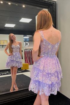 Lavender Short Homecoming Dress with Sequin Lavender Corset, Red Homecoming Dress, Sheer Corset, Red Homecoming Dresses, Tiered Ruffle Skirt, Corset Bodice, A Line Shorts, Short Homecoming Dress, Hoco Dresses