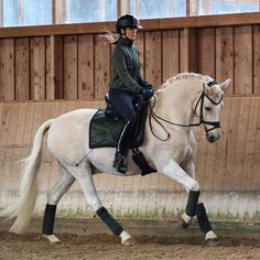 a woman riding on the back of a white horse in an enclosed area with wooden walls