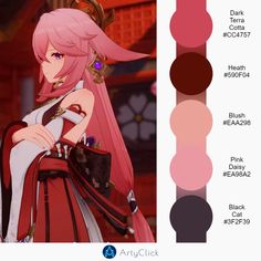 an anime character with pink hair and red eyes is shown in the color palettes