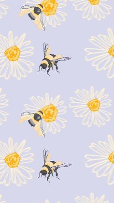 bees and daisies on a blue background