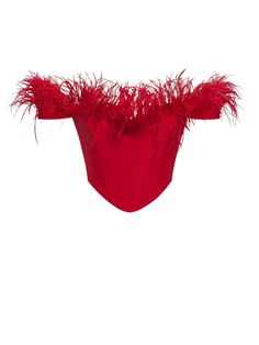 Oralia Red Feather Trim Corset TopFabric & fit: Materials: Woven Fabric / Boned Corset / FeatherStretch Factor: Low StretchClean: Dry-clean onlyLength: Approx 12inch / 31cm Model is wearing size Small.