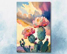 a painting of pink flowers on a cactus plant in front of a colorful sky with clouds