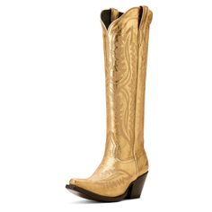 Gorgeous stitching, premium leather, and the knee height make our best-selling Casanova boot a showstopper wherever it goes. With the comfort you need for long nights boogying at country concerts and twirling on the dance floor, it'll turn heads whether you've paired it with cutoffs or your favorite summer dress. Casanova Western Boot | Product Features : 0 : ATS® technology provides ergonomic support on uneven terrain, 1 : Vegetable-tanned leather sole, 2 : Resoleable Goodyear leather welt cons Western Style Fitted Knee-high Boots With Leather Sole, Fitted Leather Knee-high Boots For Rodeo, Gold Leather Knee-high Boots For Fall, Fitted Gold Western Boots, Gold Leather Fitted Heeled Boots, Gold Leather Western Boots, Gold Fitted Leather Boots, Fitted Gold Leather Boots, Gold Snip Toe Boots For Rodeo