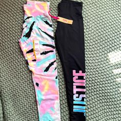 2 Justice Leggings Brand New. One With Tags, One Without Black Sz 10. Pink Sz 12 Pink Stretch Activewear With Letter Print, Pink Letter Print Activewear For Streetwear, Pink Activewear For Streetwear With Letter Print, Pink Fitted Activewear With Letter Print, Burgandy Leggings, Justice Store, Justice Leggings, School Clothing, Teal Leggings