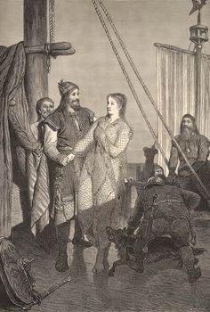 an old drawing of two men and a woman on a ship talking to each other