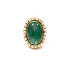 If you're looking for a unique and gorgeous ring to make a statement, the Arden Ring from the Lucresia Collection is perfect for you! This bold ring features Majorcan glass pearls encircling a large, green Czech glass stones set in 24K gold-plated metalwork. The ring's frame measures 1.25"L x 1" W and is available in ring size 7. Whether you're dressing up for a special occasion or just adding a touch of glamour to your everyday look, this ring is sure to turn heads! Made to order in our New Yor Bold Rings, 24kt Gold, City Design, Jewelry Inspo, Ring Size 7, Stone Settings, Czech Republic, Gold Plating, Czech Glass