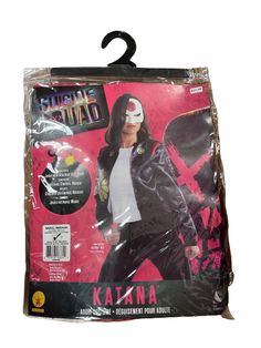 the costume is packaged in plastic and has a black jacket on it's head