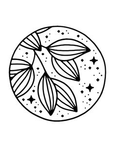 a black and white drawing of leaves in a circle with stars on the side,