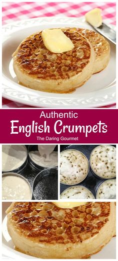 the cover of authentic english crumpets, with pictures of pancakes and other pastries