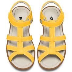 A mini-me version of a modern gals gladiator sandal. Clean cut lines, yellow straps and an easy closure make it a go-to shoe for warm weather. • Adjustable hook and loop closures make shoes easy to get on and ensure a great fit • Breathable leather lining • Soft, but durable leather uppers • Cushioned insole • Sturdy, flexible sole is healthy for growing feet and built to last • Styling and construction tailored to older kids Yellow Kids, Make Shoes, Criss Cross Sandals, Girls Sandals, How To Make Shoes, Kids Sandals, Girl Shoes, Clean Cut