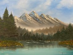 a painting of a mountain range with trees in the foreground and a river running through it