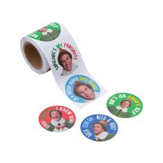 a roll of stickers with an image of a man's face on it