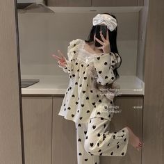 Triogift Heart Sleepwear Women Pajama Sets Korean Sleeping Pants Set 2 Pieces Piiama Full Sleeve Sping Square Collar Bow Home Night Wears Korean Sleeping, Kawaii Sleepwear, Sleeping Pajamas, Korean Sleepwear, Home Clothes Women, Women Sleeping, Pijama Set, Night Wears, Chiffon Beach Dress