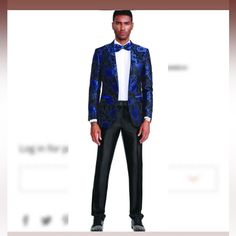 High End Formal Jacket Black And Blue Floral Comes With Black Shiny Tuxedo Pants And Black Bowtie. This Is Not Some Stuff You Buy On Amazon High Quality Items From A Boutique With Tags.. 52r Jacket Trim Fit 48 Waist On Pants Unfinished Bottoms Can Be Finished If You Give Me Length You Want For Inseam Or Out Seam.. We Do Tailoring Here As Well Fitted Tuxedo Style Party Bottoms, Fitted Tuxedo Bottoms For Party, Black Slim Fit Long Sleeve Sets, Black Semi-formal Spring Set, Black Semi-formal Sets For Spring, Black Fitted Suits For Spring, Tailored Black Sets For Spring, Black Business Sets For Fall, Black Sets For Semi-formal Fall Occasions