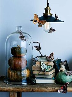 a wooden table topped with books under a glass dome