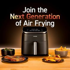 an advertisement for the new generation of air fryer with food on plates next to it