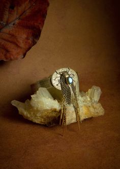 a gold ring sitting on top of a piece of rock next to a brown leaf