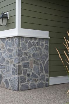 a cat sitting on the corner of a house next to a lamp post and grass