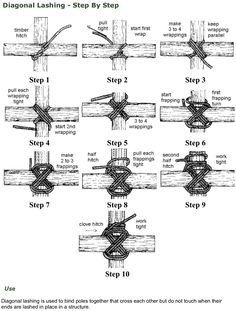 the instructions for how to tie a knot on a wooden fence with two different ropes