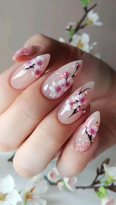 Dunkin Nails, Cherry Blossom Nails Design, Nail Art Fleur, Cherry Blossom Nails Art, Spring Manicure, Pink Nail Art Designs, Cherry Blossom Nails, Simple Spring Nails, Small Nails