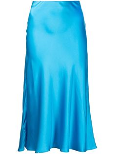 cyan blue stretch-silk satin finish bias cut high waist mid-length Cyan Clothes, Stylist Closet, Blue Skirt Outfits, Silver Mist, Long Skirt Outfits, Rejina Pyo, Cyan Blue, Satin Midi Skirt, Beautiful Clothes