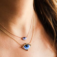 14K yellow gold "Russe Grand Bleu" diamond necklace with a big blue enameled eye and white (0.070ct) brilliant cut Diamonds. Sweat Treats, Mandolin, Big Blue, Brilliant Cut Diamond, Sale Items, Diamond Necklace, Diamond Cuts, Diamonds, Yellow Gold