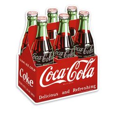 six coca - cola bottles in a red box with the word delicious and refreshing on it