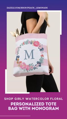 Modern Elegant Blush pink and white with watercolor flower wreath tote bag. The beautiful and elegant design include rose flowers and green eucalyptus botanical greenery with stripes and cute script typography that you can add your first or last initial monogram. This makes the perfect gift for Sweet 16, 1st, 21st, 30th, 40th, 50th, 60th, 70th, Birthday Party, Weddings, Quinceanera, Bridal Shower, Bachelorette Party, Anniversary or Baby Shower. Girly Watercolor, Gift Guide Christmas, Watercolor Flower Wreath, Perfect Tote Bag, Christmas Gift Guide, Personalized Monogram