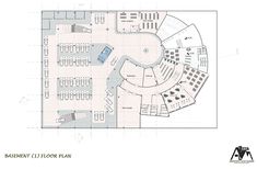 the floor plan for an office building with several tables and seating areas, including a large circular