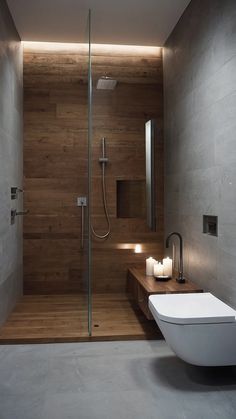 a modern bathroom with wooden walls and flooring