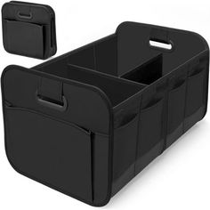 two black storage bins sitting next to each other