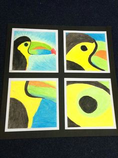 four different pictures of birds on paper with colored pencils in the middle and one has a toucan