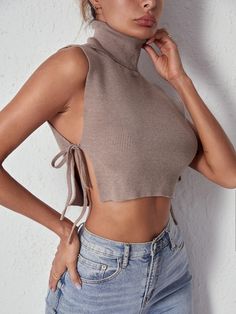 Albaricoque Casual Collar  Tela Liso  Embellished Estiramiento medio Verano Tejido de Punto de Mujer Crop Sweater Vest, Diy Cut Shirts, Sweater Vests, Fancy Tops, Exotic Fashion, Crop Top Outfits, Crop Sweater, Women Sweater, Cut Shirts