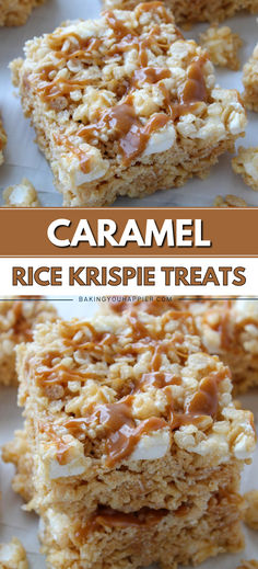 caramel rice krispie treats stacked on top of each other with the words, caramel rice krispies treats