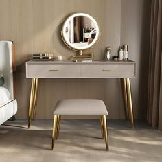 a bedroom with a vanity, stool and mirror