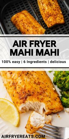 air fryer mahi mahi with lemon and broccoli on the side