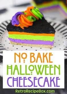 no bake halloween cheesecake on a plate with the title overlay reading, no bake halloween cheesecake