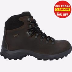 a pair of brown hiking boots with black laces on the side and an advertise