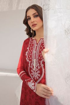 Red Pakistani Embroidered Kameez Salwar Party Wear is a crimson red long dress that is as lovely as a pure jewel hue and has composed sleeves. A combination of processing techniques is used to create gorgeous silk embroidery patches in contrasting colors on the sleeves. This design performs its magic with bold motifs emblazoned on a deep garnet base in red color. Detailed Description: SKU: PB0014 Detailing: Embroidery, Threads, Floral designs Color: Red Fabric: Lawn Design: Fully Embroidered dre Red Pakistani Dress, Red Salwar Kameez, Salwar Party Wear, Eid Look, Red Long Dress, Pakistani Boutique, Pakistani Designer Clothes, Lawn Design, Long Red Dress